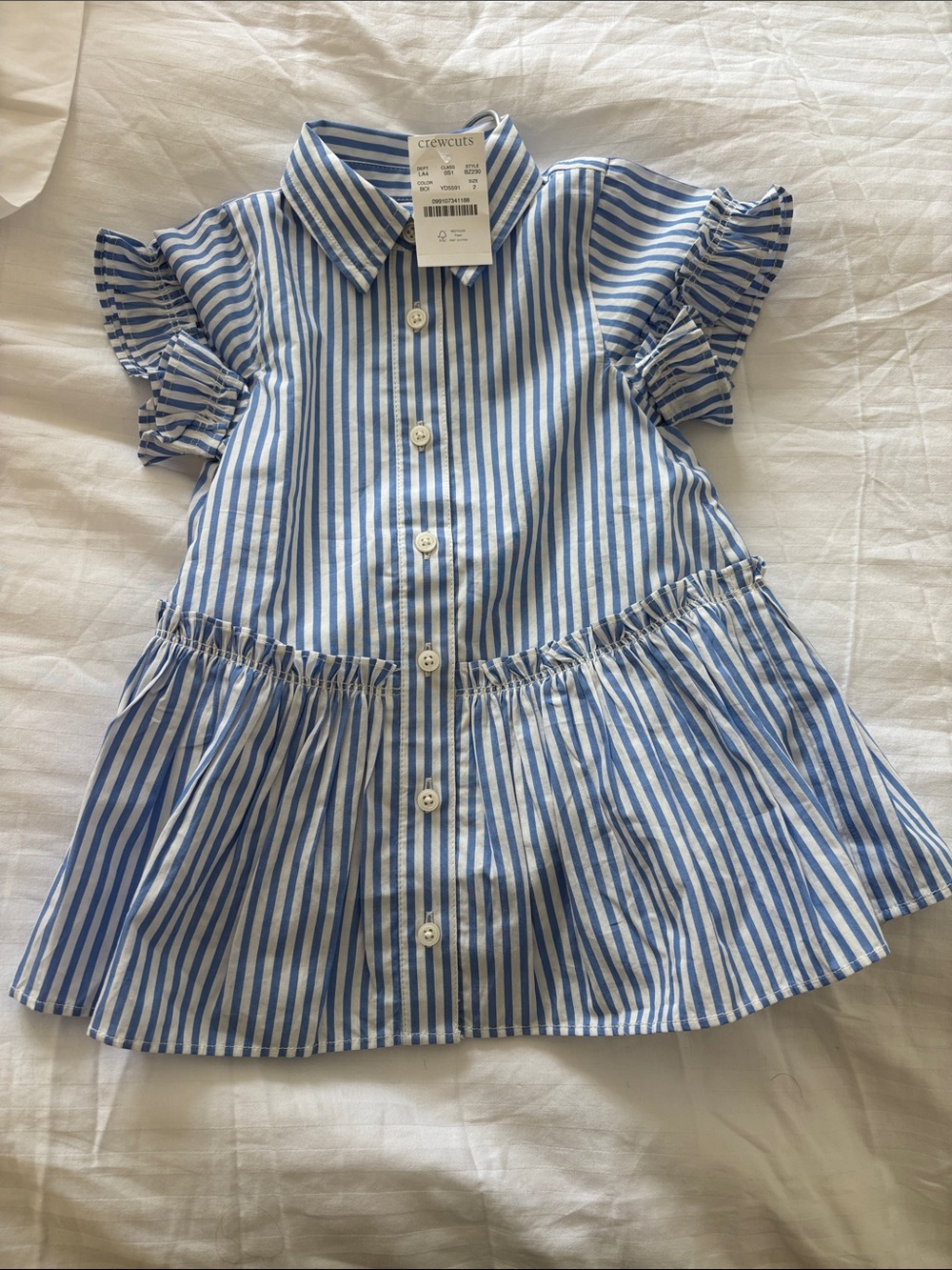 Crewcuts jcrew Blue White Striped Ruffle Sleeve Shirt Dress sz 2 girls toddler